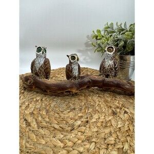 Vintage 3 Owls Sculpture Jewel Eyes Live Branch